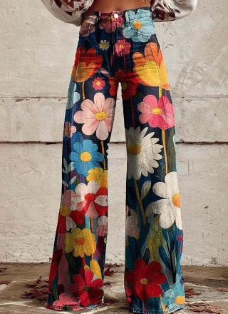 Retro Printed High Waist Wide Leg Jeans