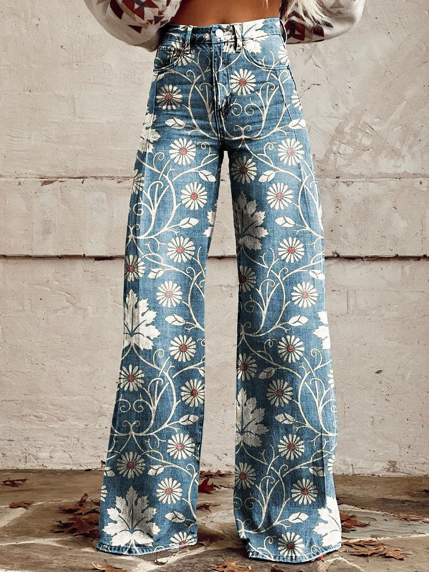 Retro Printed High Waist Wide Leg Jeans