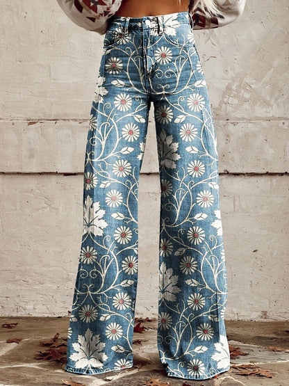 Retro Printed High Waist Wide Leg Jeans