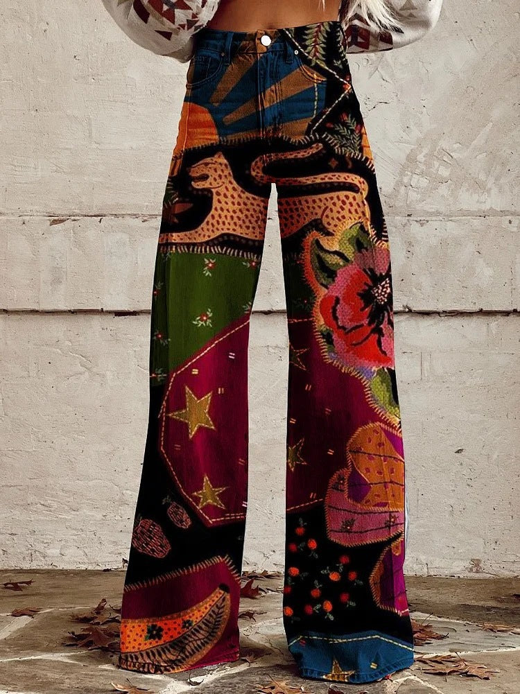 Retro Printed High Waist Wide Leg Jeans