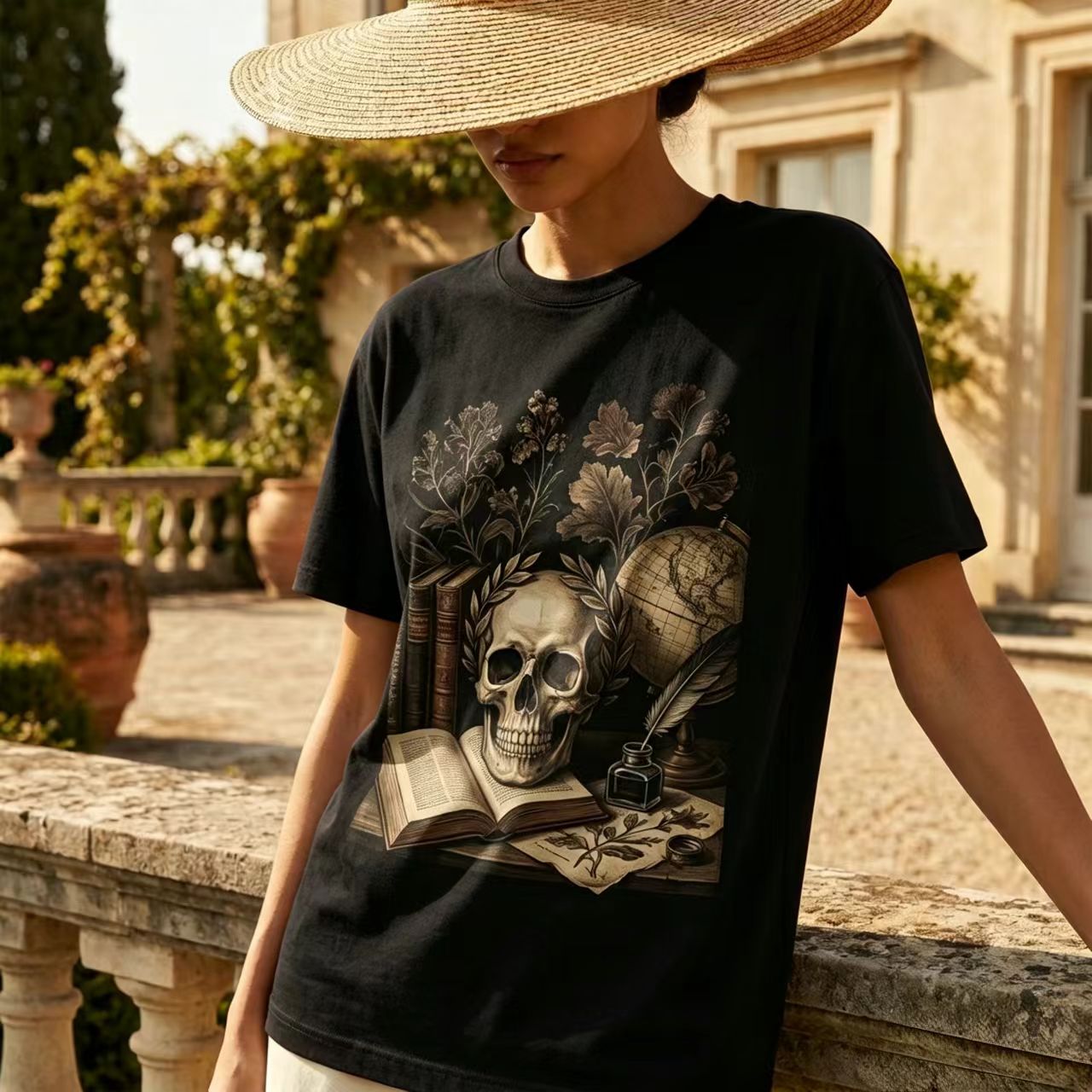 Dark Academia Skull Print Burgundy Tee