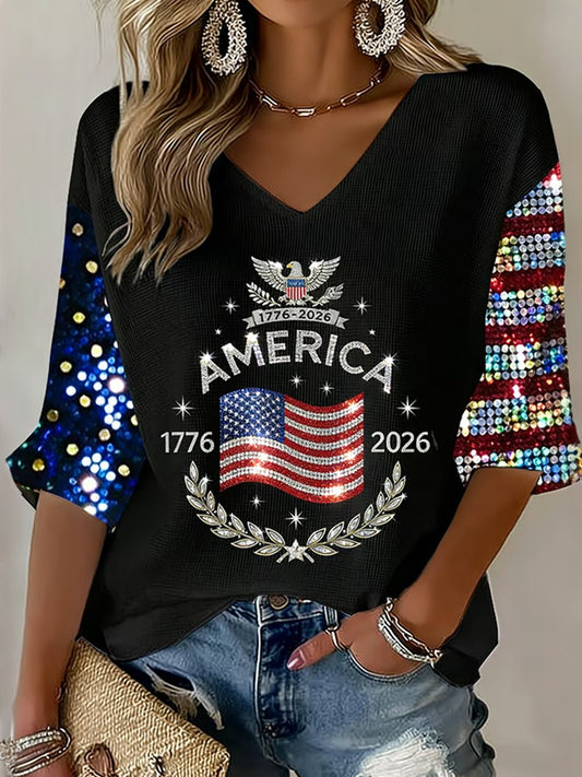 Women's Flag Art Three-quarter Sleeve V Neck Linen Tops