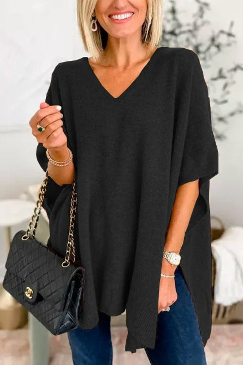 🌈V Neck Loose Fit Solid Poncho Sweater