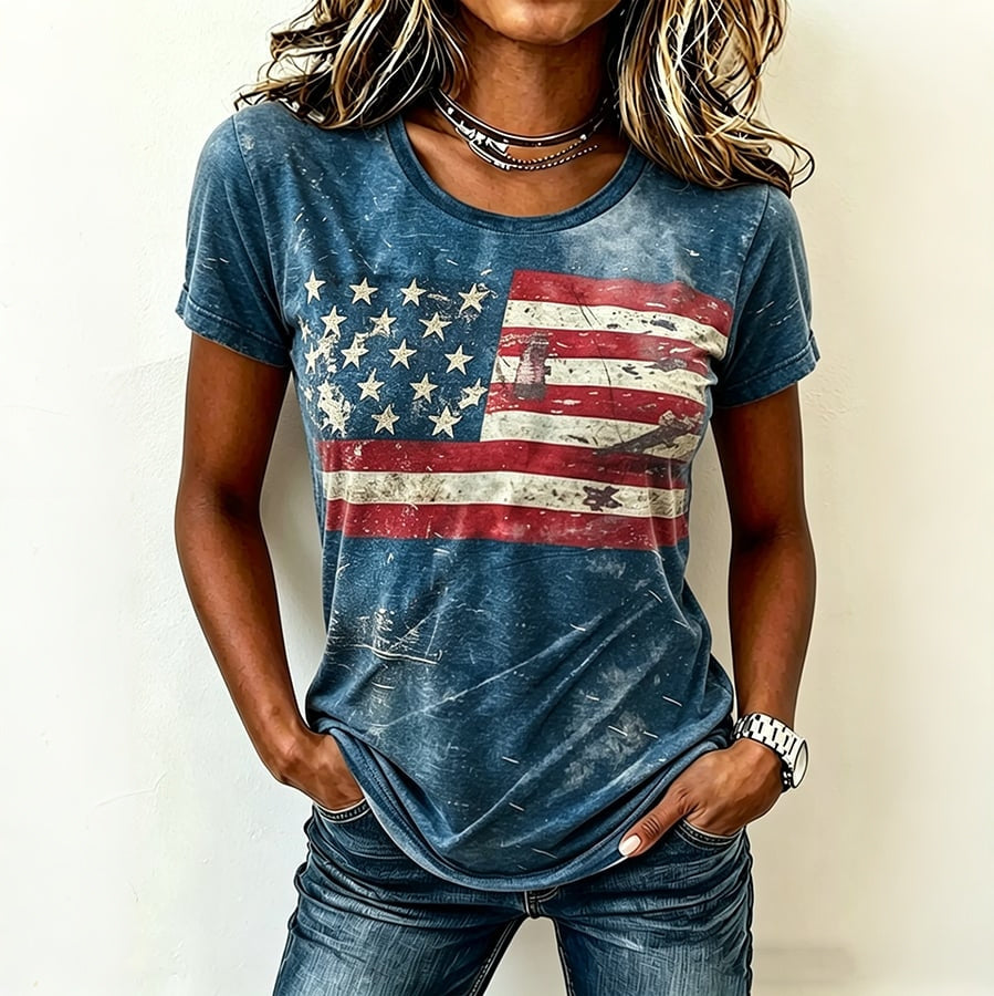 Women's Vintage Independence Day Flag Print Casual T-shirt