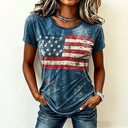 Women's Vintage Independence Day Flag Print Casual T-shirt