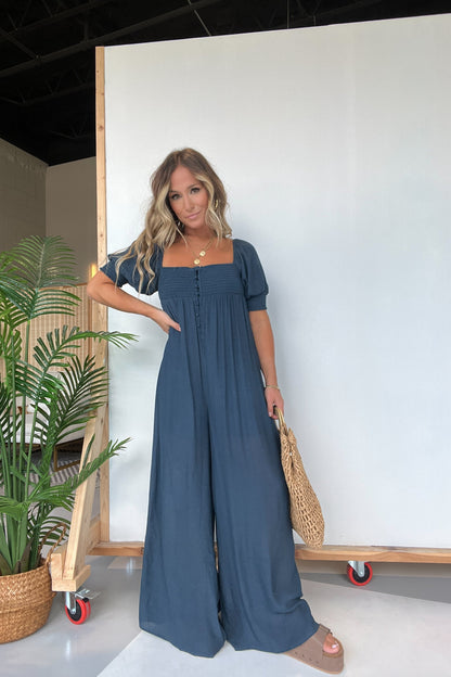 Square Neckline Jumpsuit with Smocked Bodice Button