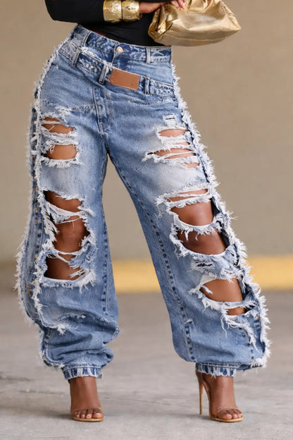 Ripped Fringed Loose Jeans
