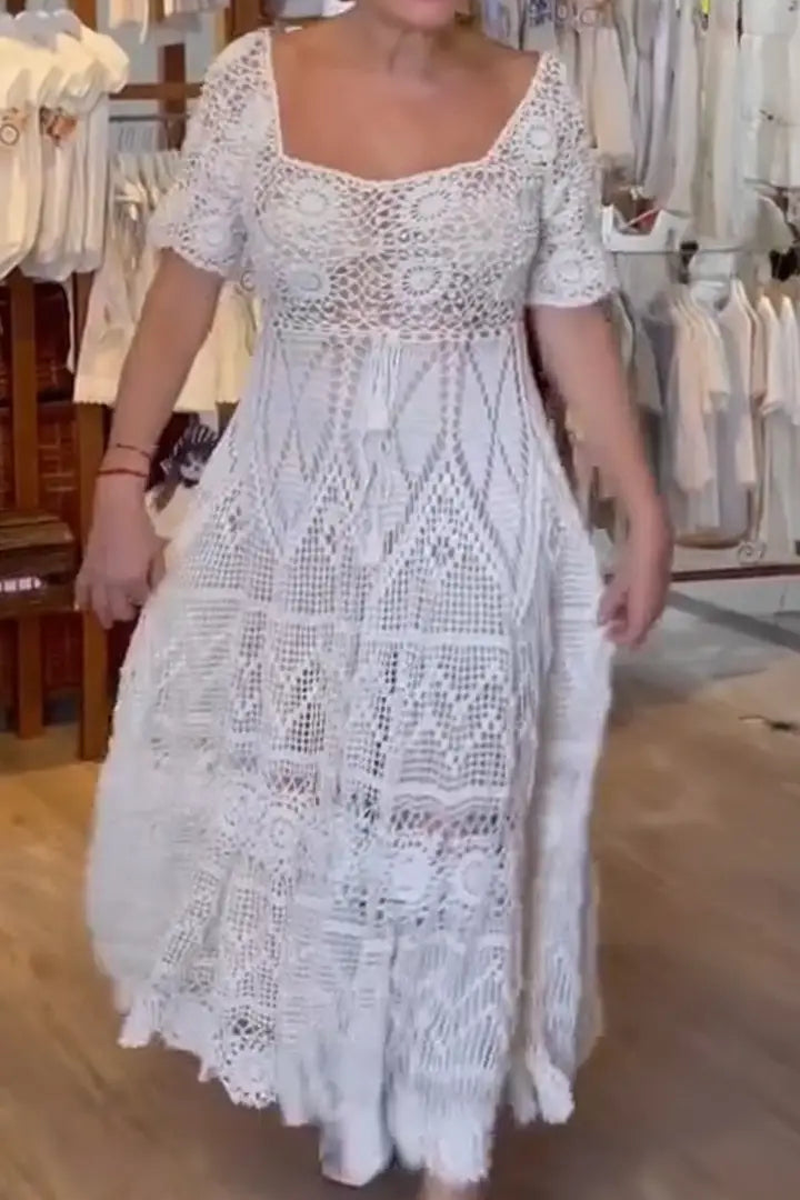 Square Neck Lace Solid Color Elegant Casual Dress