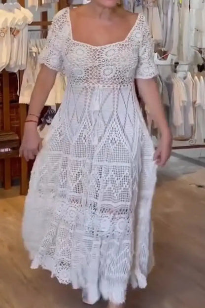 Square Neck Lace Solid Color Elegant Casual Dress