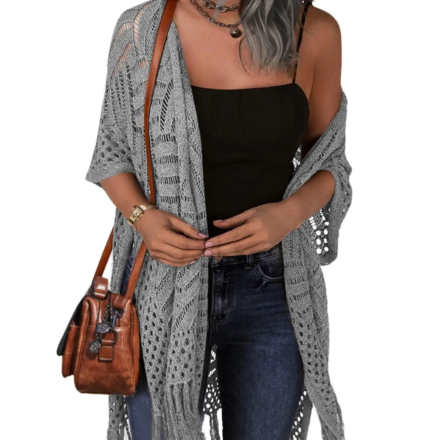 🔥Women’s Oversized Knit Cardigan – Lightweight Crochet Tassel Kimono for Spring & Summer 🌸