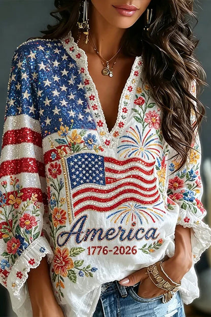 Women's American Anniversary Flag And Floral Art Patchwork Cotton Linen V-neck Long Sleeve Top