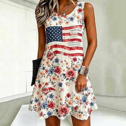 Women's Independence Day Flag Floral  Print Crew Neck Midi Tank Dress