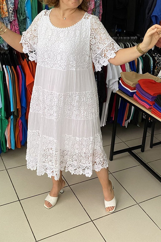 Solid Color Short Sleeve Lace Dress