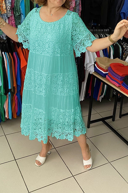 Solid Color Short Sleeve Lace Dress