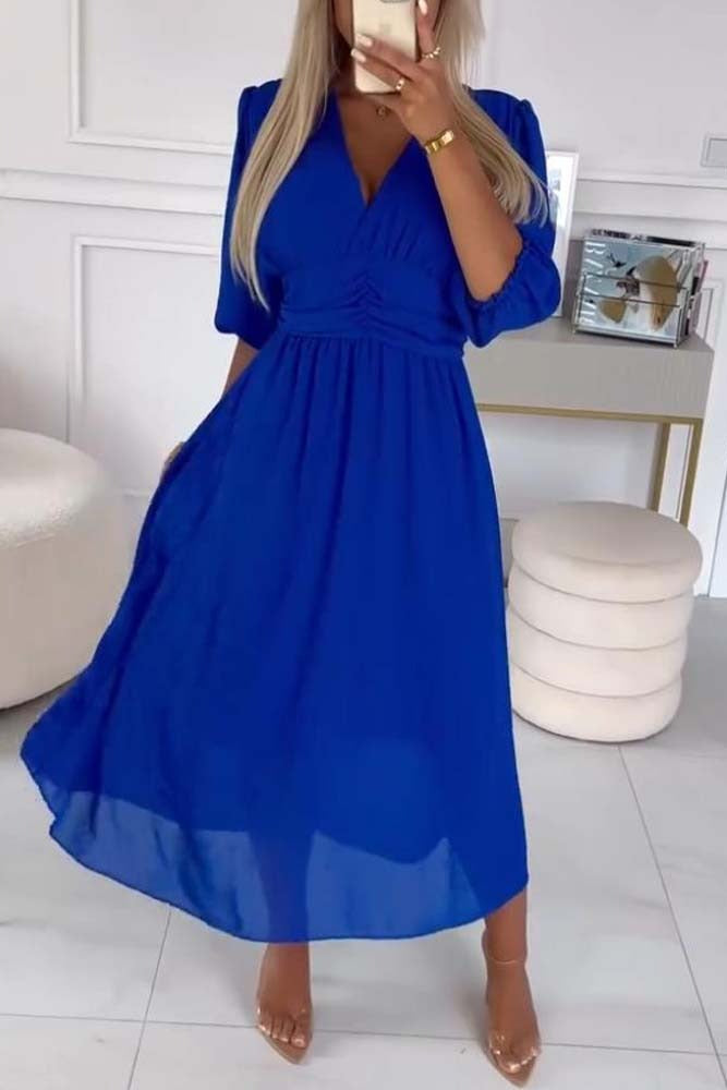 V-Neck Solid Color Waist Dress