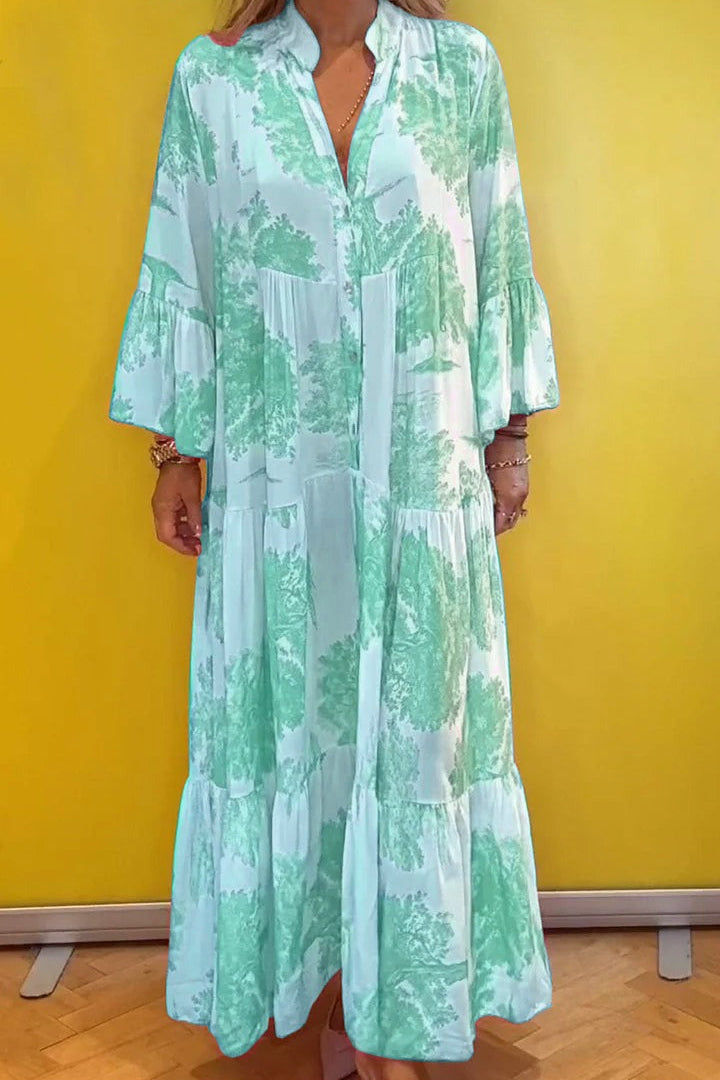 V-neck Bell Sleeve Printed Casual Dress
