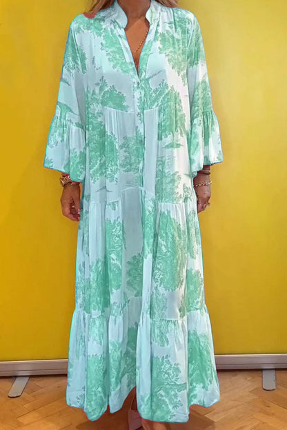 V-neck Bell Sleeve Printed Casual Dress