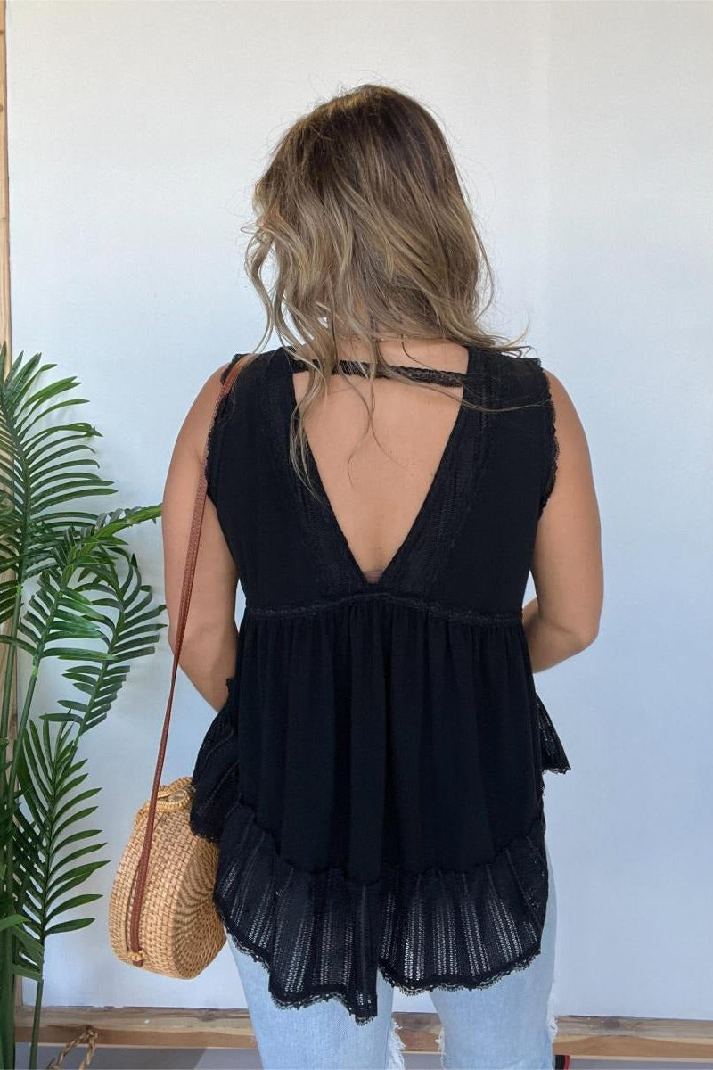 V-NECKLINE SLEEVELESS FLOW TOP WITH LACE TRIM (BUY 2 FREE SHIPPING)