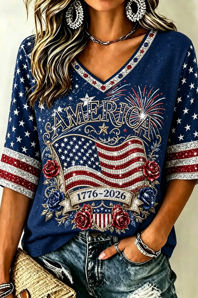 Women's Retro Independence Day Anniversary Print Cotton Linen T-shirt