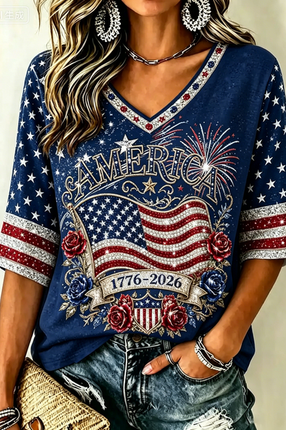 Women's Retro Independence Day Anniversary Print Cotton Linen T-shirt