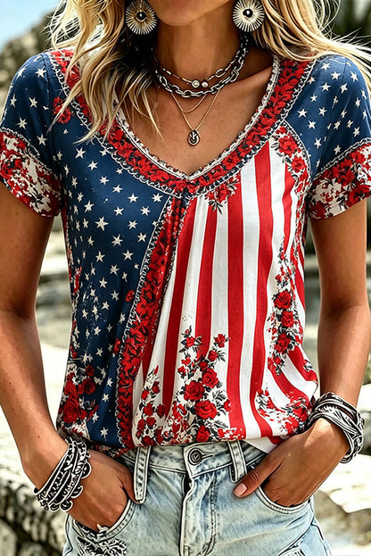 Women's Retro Independence Day Flag Embroidery Casual T-shirt