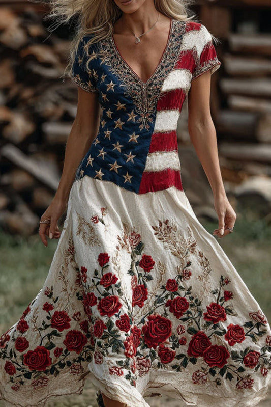 Women's Retro Independence Day Flag Floral Embroidery V-neck Cotton Linen Long Dress
