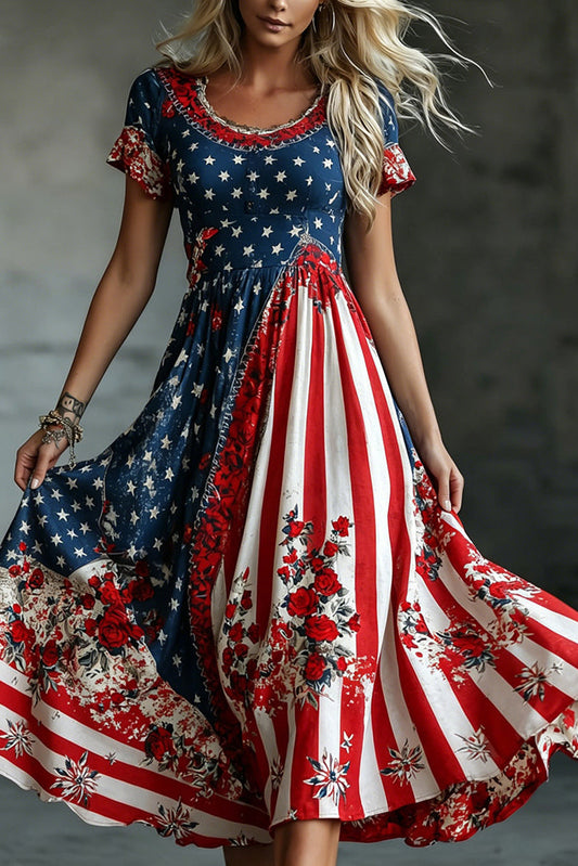 Women's Vintage Independence Day Rose Pattern Casual Crew-neck Dress