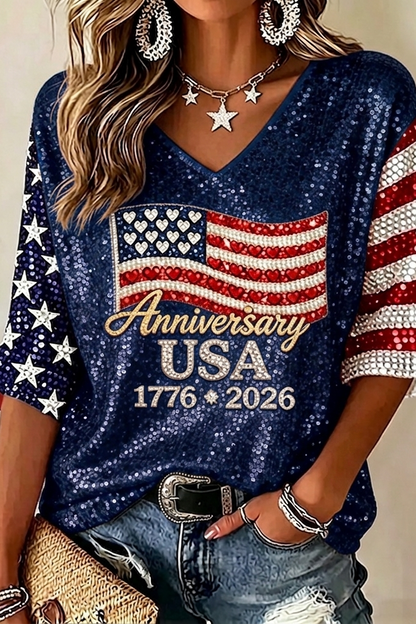 Women's Usa Anniversary Sequins Print V-neck T-shirt