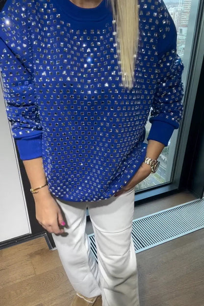 Women's Crew Neck Rhinestone Casual Sweatshirt