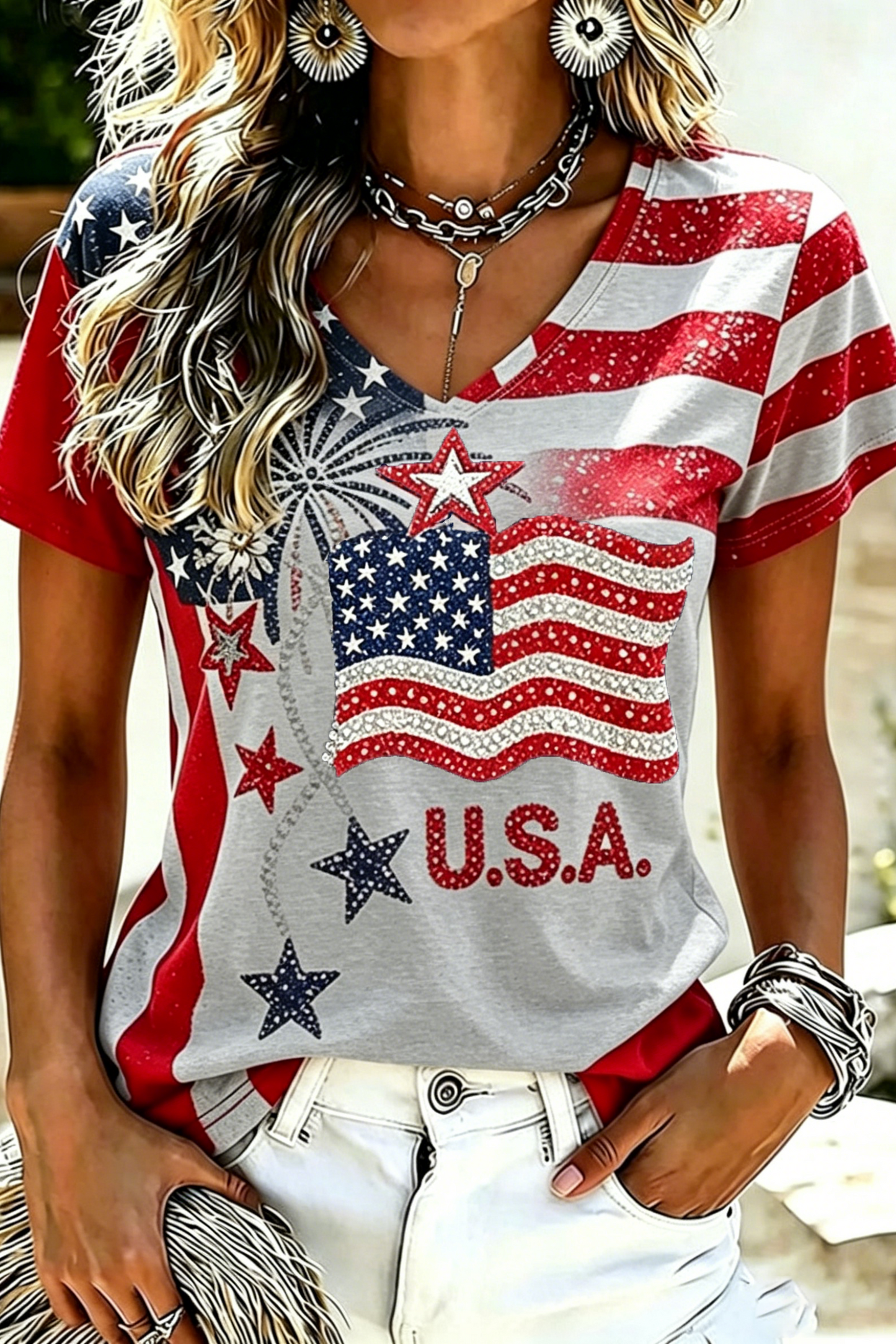 Women's Independence Day Anniversary Contrasting Colors Casual T-shirt