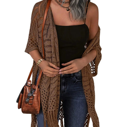 🔥Women’s Oversized Knit Cardigan – Lightweight Crochet Tassel Kimono for Spring & Summer 🌸
