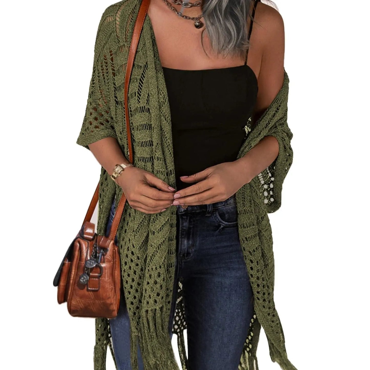 🔥Women’s Oversized Knit Cardigan – Lightweight Crochet Tassel Kimono for Spring & Summer 🌸