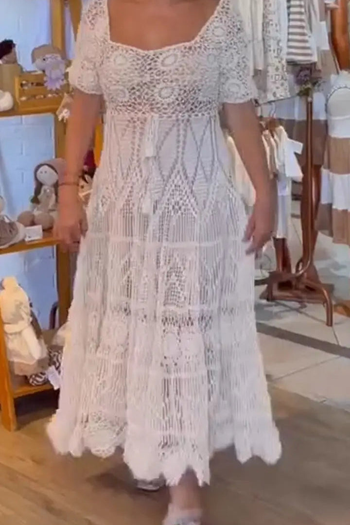 Square Neck Lace Solid Color Elegant Casual Dress