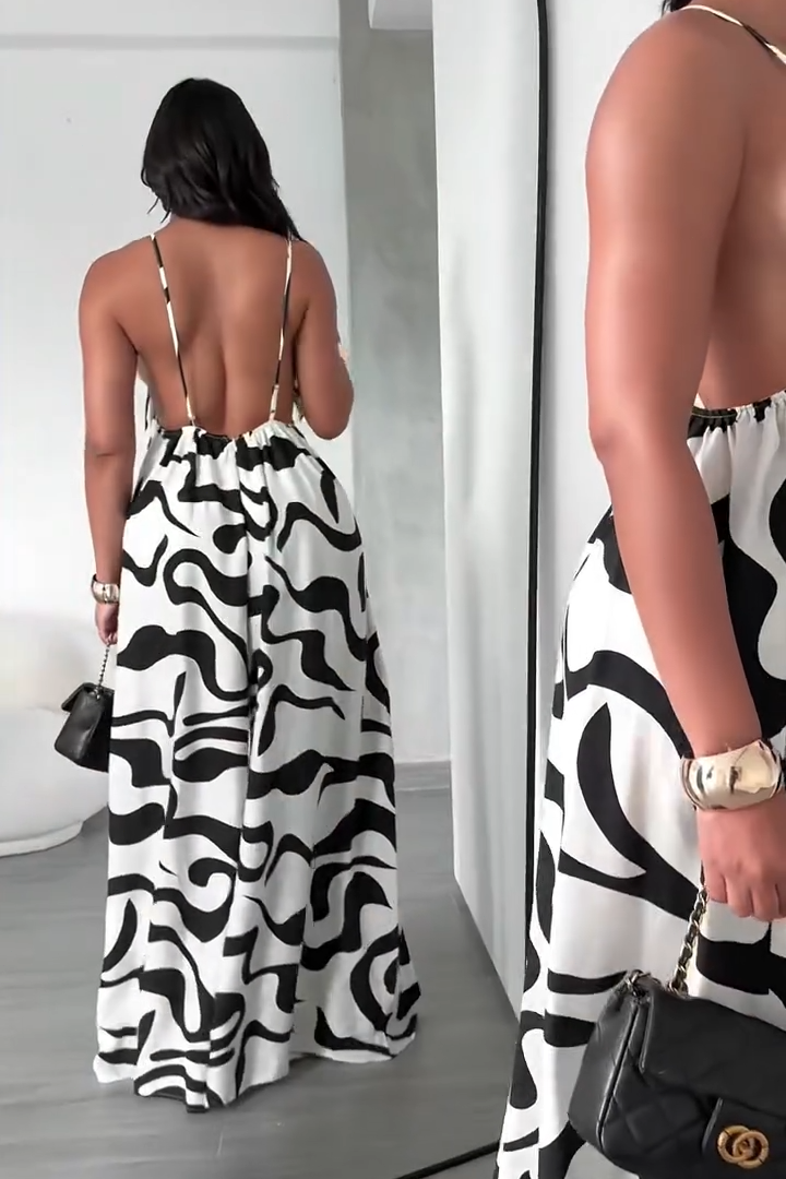 Relaxed Fit Abstract Print Jumpsuit in White & Black