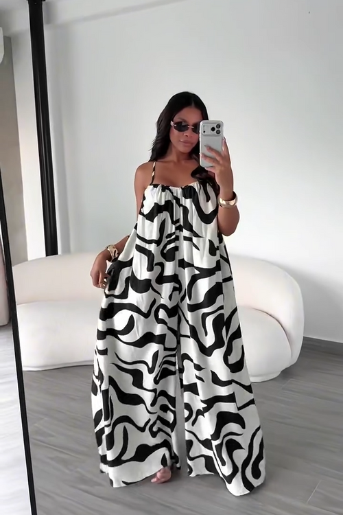 Relaxed Fit Abstract Print Jumpsuit in White & Black