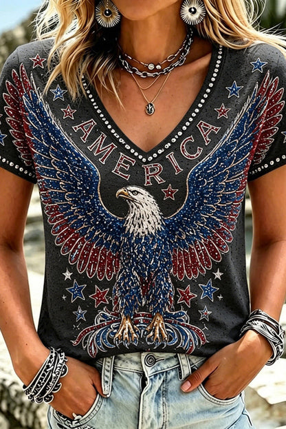 Women's Retro Usa With Eagle Pattern V-neck T-shirt