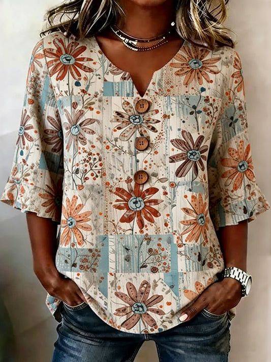 Women's Bohemian Vintage Floral Art Print Flowy Casual Tops