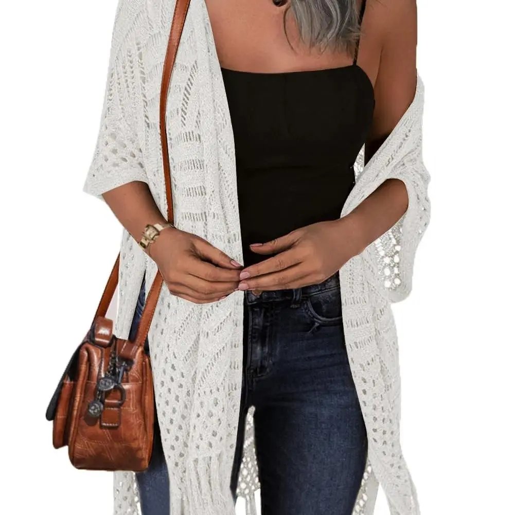 🔥Women’s Oversized Knit Cardigan – Lightweight Crochet Tassel Kimono for Spring & Summer 🌸