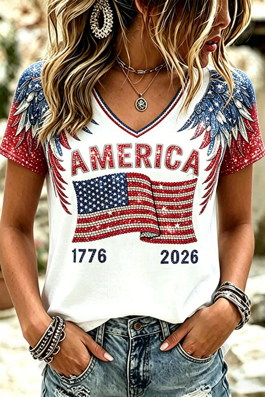 Women's Anniversary Independence Day Wings Flag Art Print V Neck T-shirt