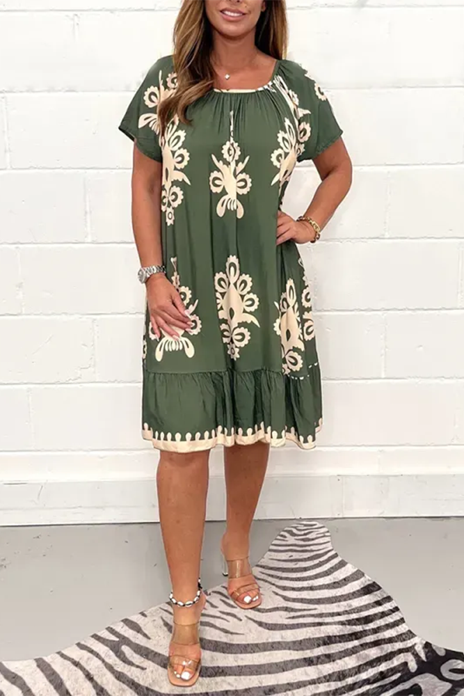 Geometric Pattern Multi Print Square Neck Dress