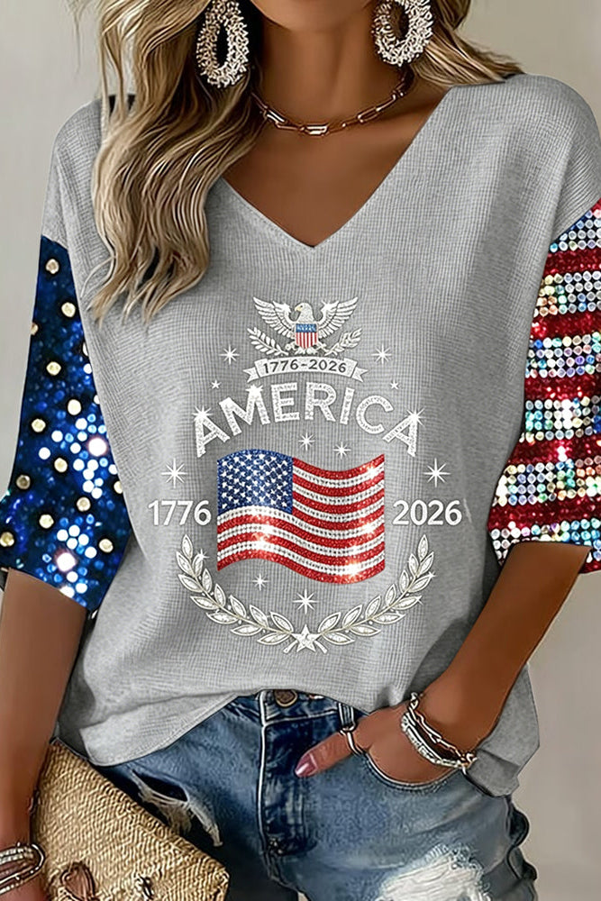 Women's Flag Art Three-quarter Sleeve V Neck Linen Tops