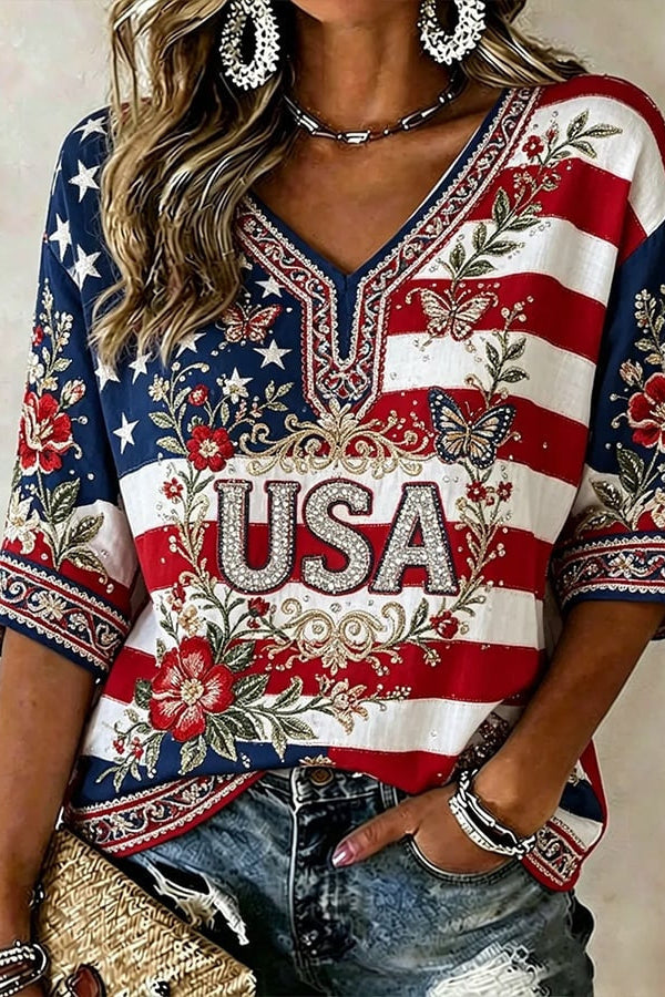 Vintage Usa Anniversary Art Casual V Neck T Shirt