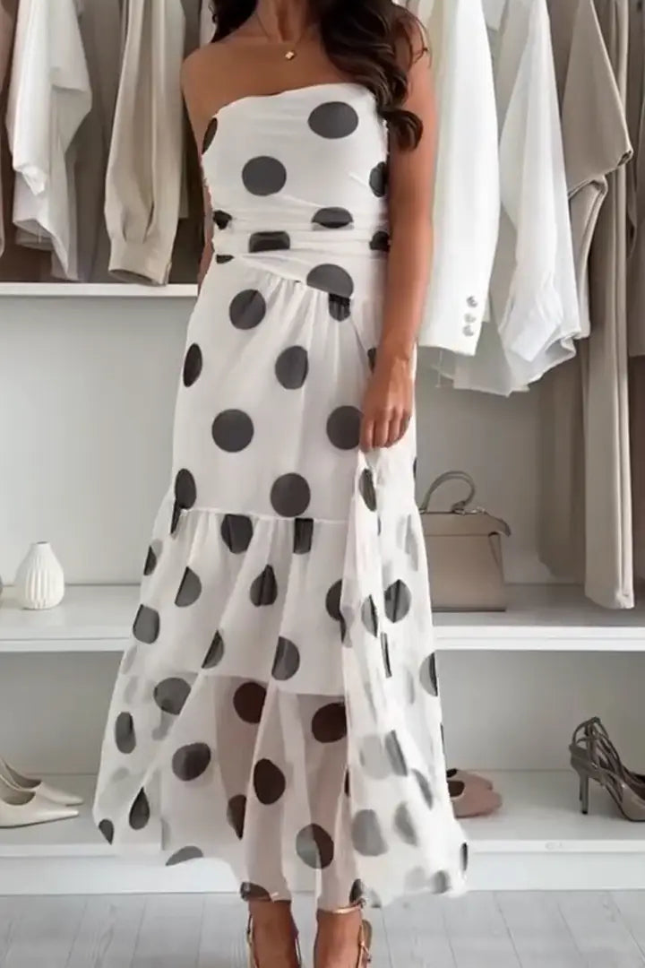 Effortless Elegance – Polka Dot Strapless Maxi Dress