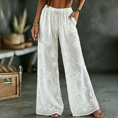 womens rose art linen blend pants