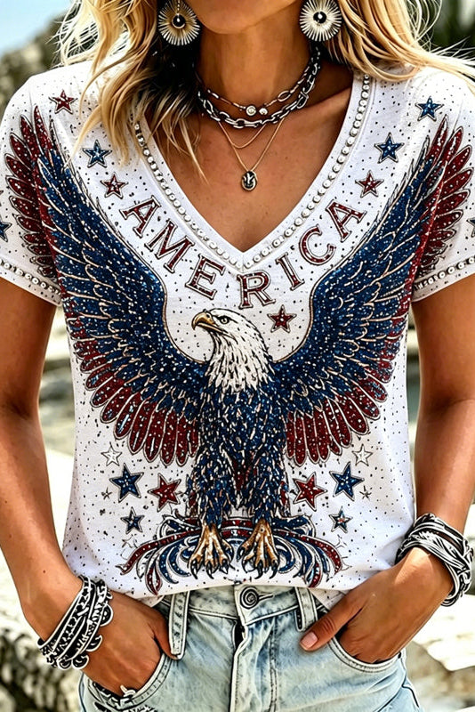 Women's Retro Usa With Eagle Pattern V-neck T-shirt