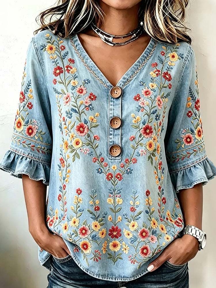 Women's Vintage Floral Embroidery Design Shirt