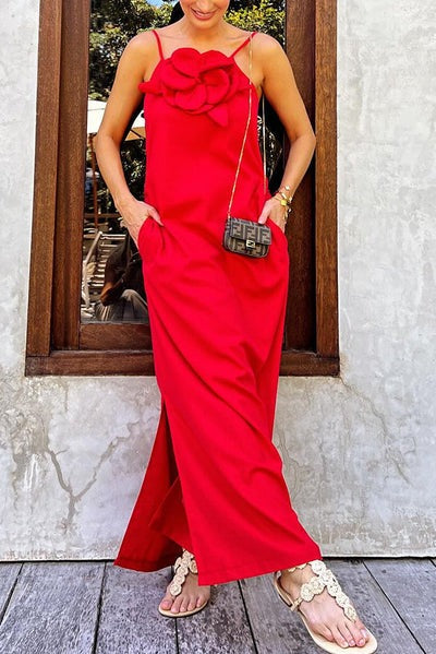 Linen Blend Floral Embellishment Pocketed Slit Maxi Dress