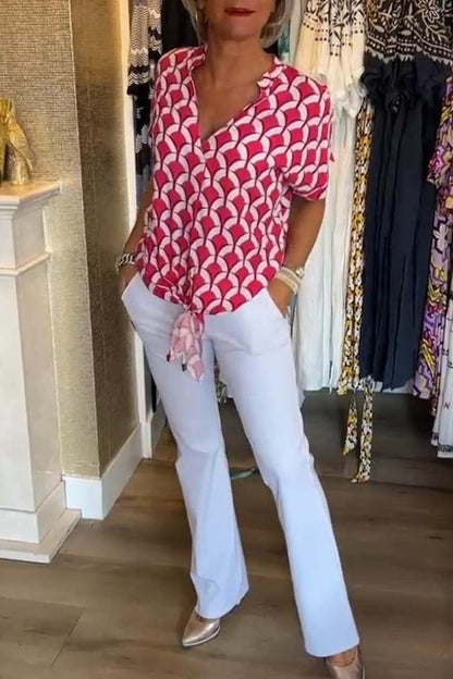 Short-Sleeved V-Neck Printed Casual Top