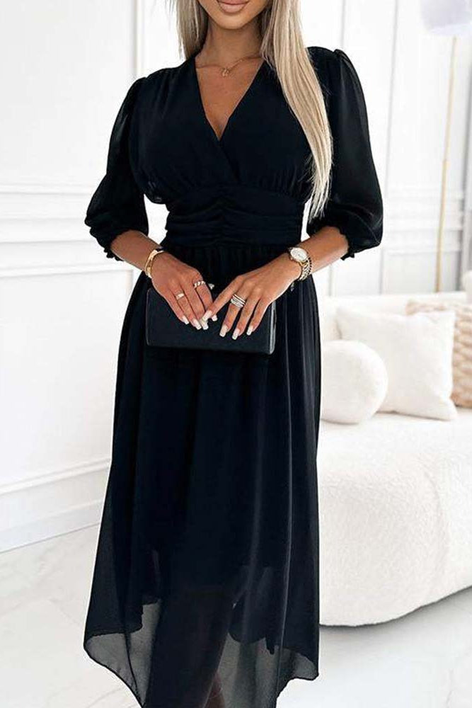 V-Neck Solid Color Waist Dress