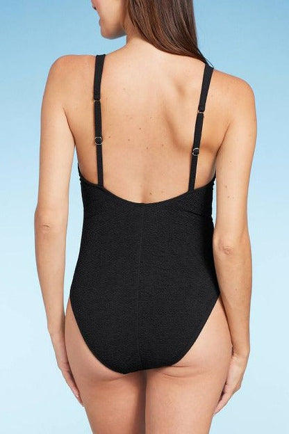 SQUARE NECK PUCKER TEXTURED HIGH LEG ONE PIECE SWIMSUIT(Buy 2 Free Shipping)